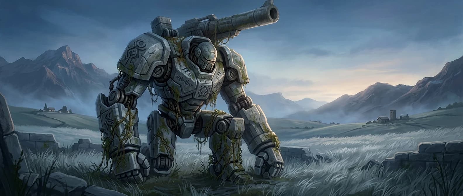 A Colossus kneeling in a field of long grass, weathered, overgrown, dead for decades. Small farm buildings in the distance.