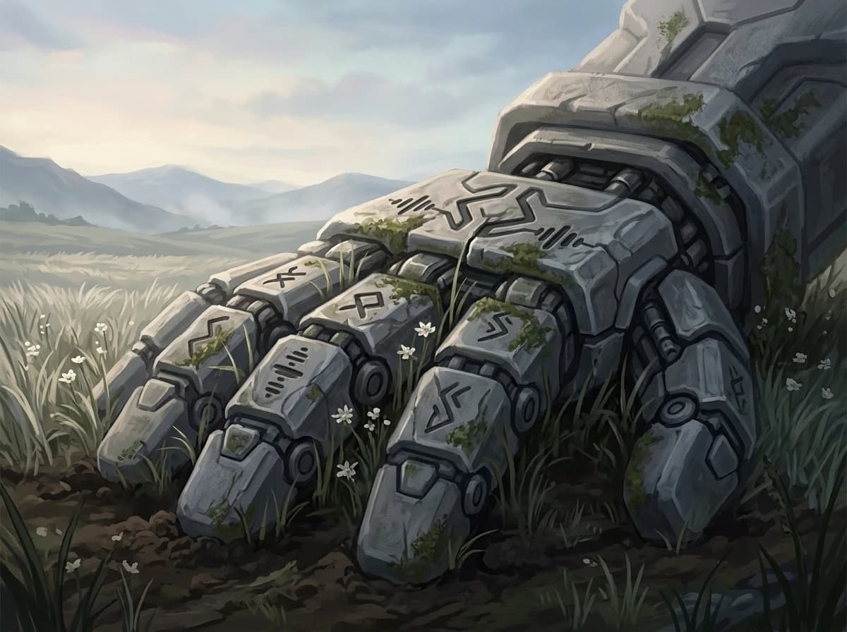 Close on a kneeling frame's hand where it meets the earth. Grass has grown through the fingers.