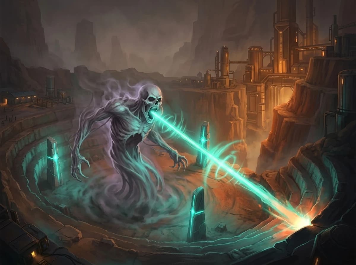 The boss answers. A hollow note shrieks back across the pit.