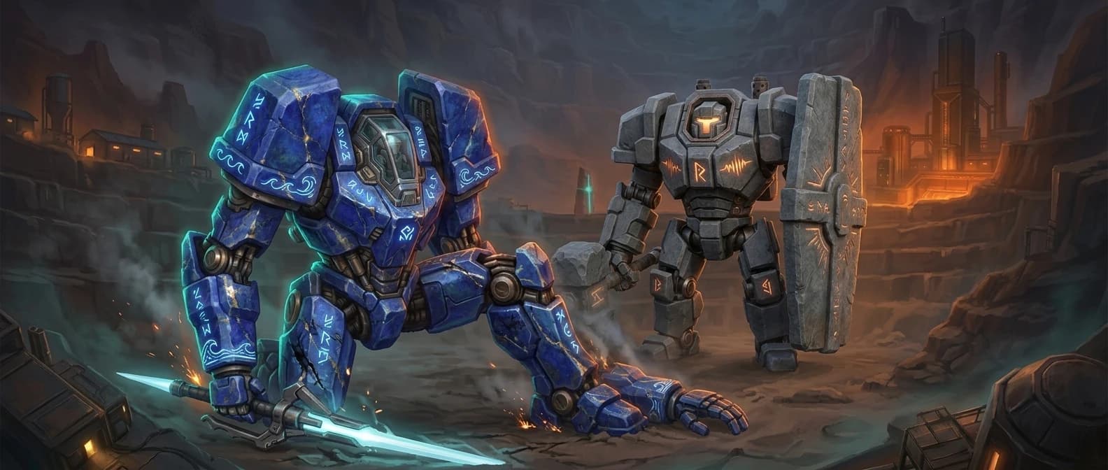 Behind the kneeling blue frame, Monolyth stands entirely untouched.
