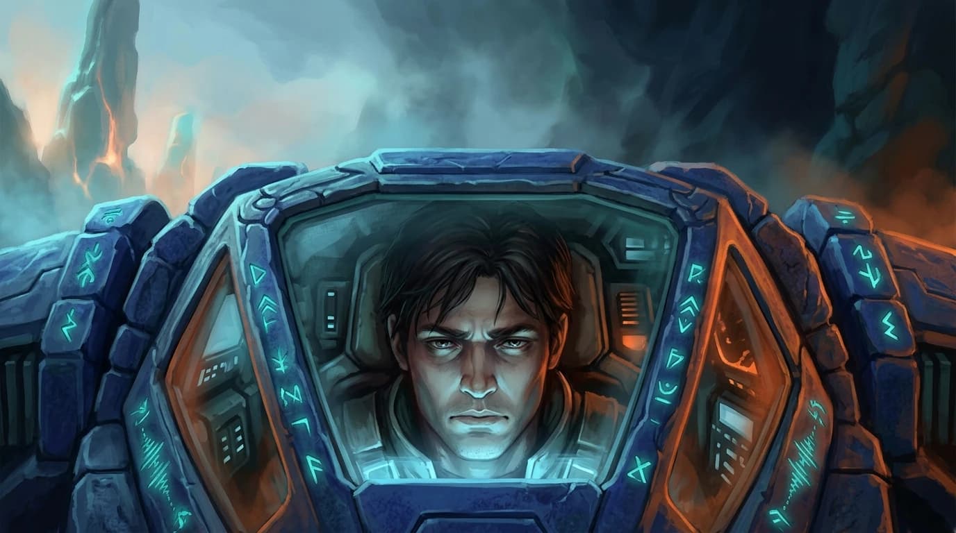 Inside Orca's cockpit. The Cantor's face lit blue from the instruments.