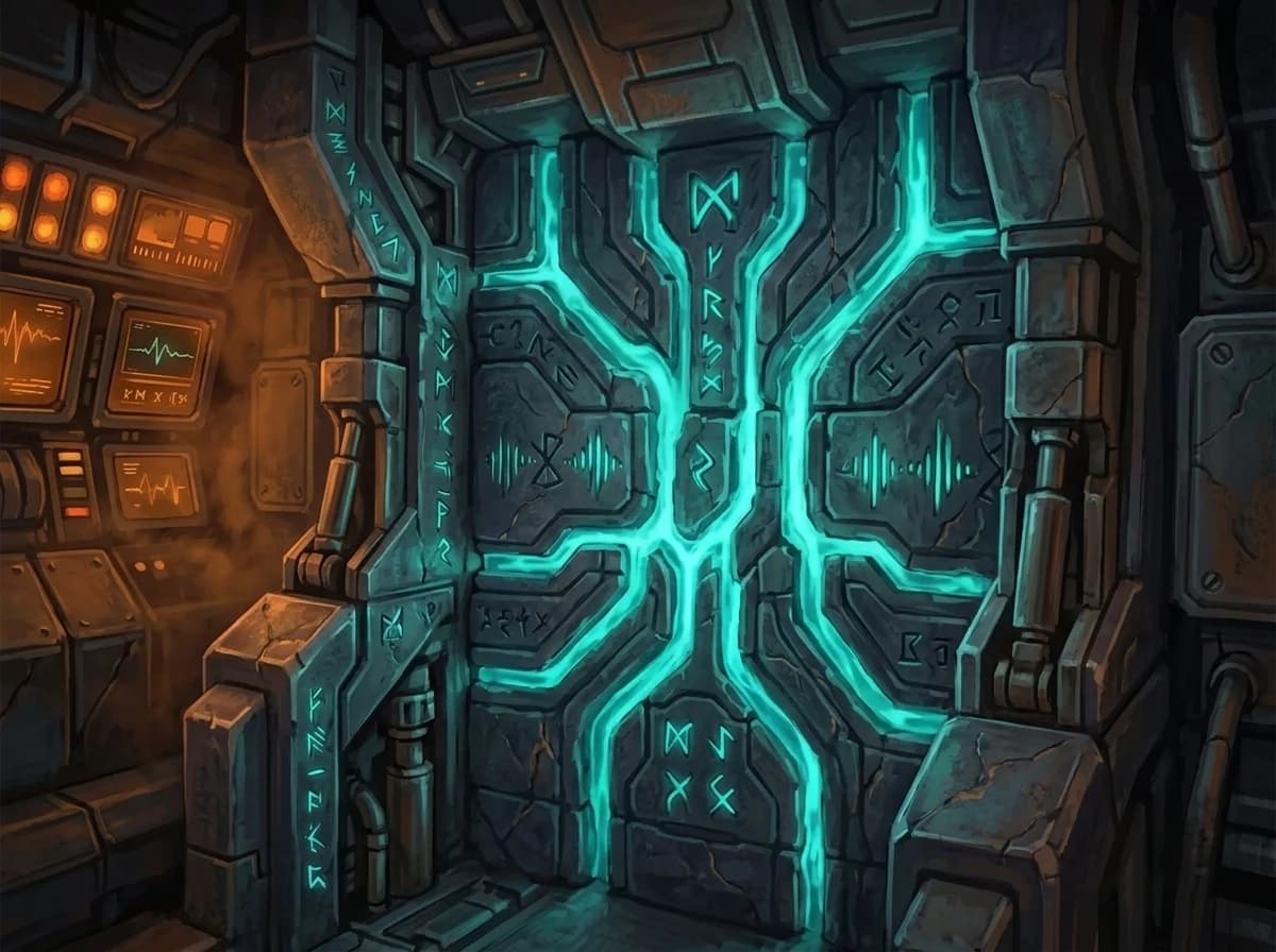 Teal light moving through the carved channels of the cockpit wall. This is Murmur.