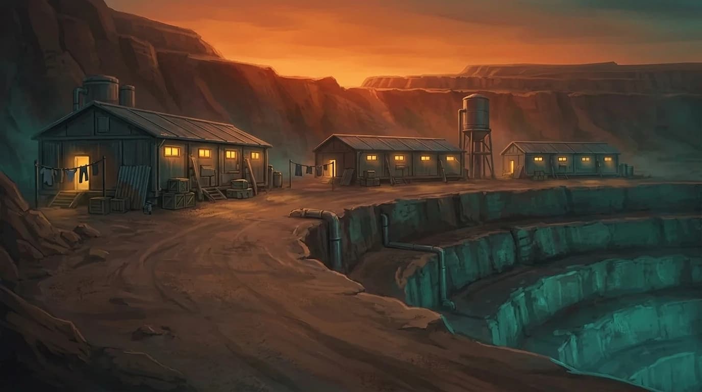 Behind them, on the rim, the worker barracks with the lights on.