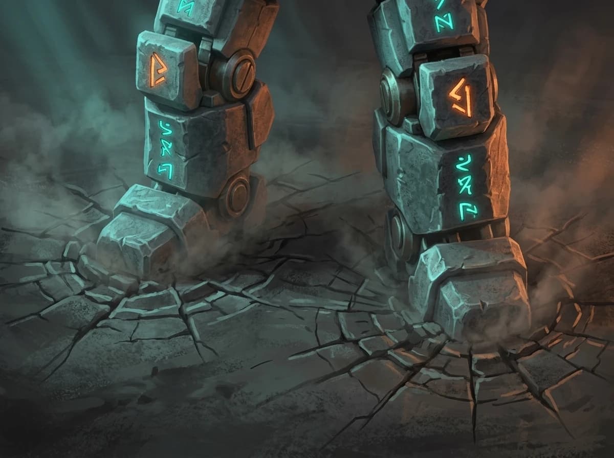 Monolyth's feet. Planted in the same two footprints, ground pressed down around them.
