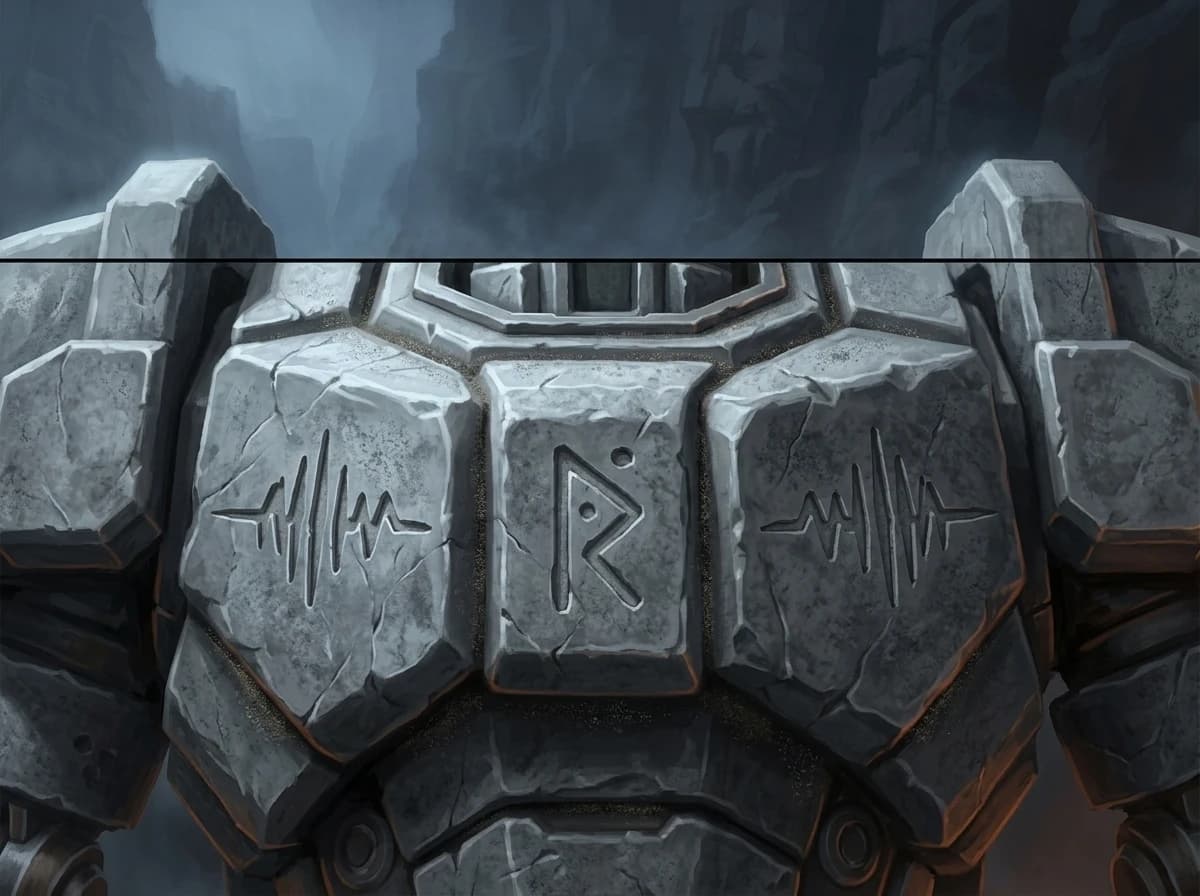 The granite plating, close, sigils gone hard and cold.