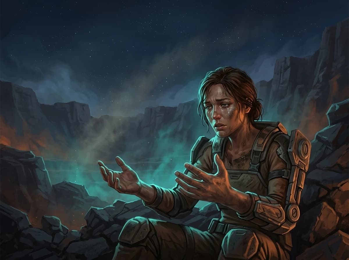 A woman sitting up in the dust, looking at her own hands.