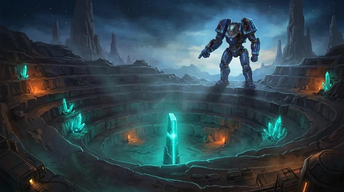 Across the pit, the blue frame, wrecked and upright, pointing at a Stone.