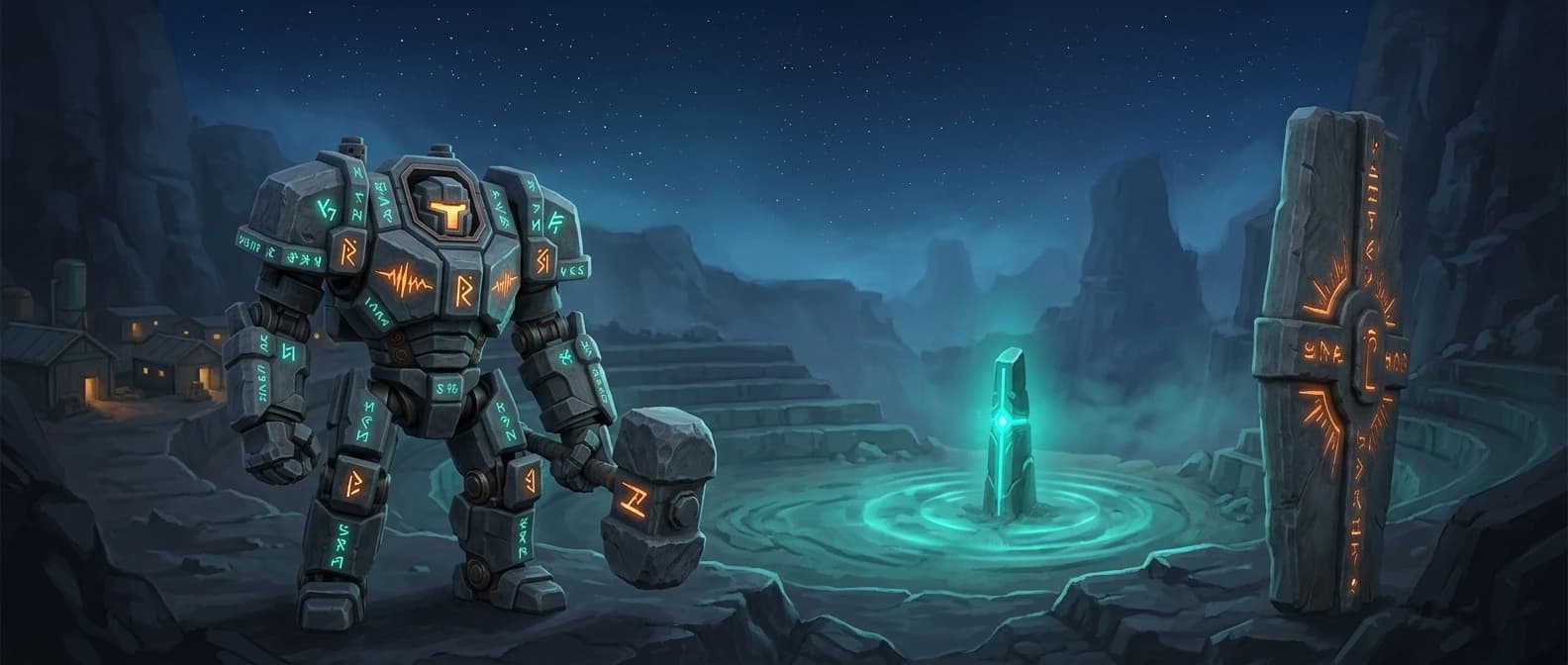 Monolyth, still planted, looking at the Stone. Anvil in his ear.