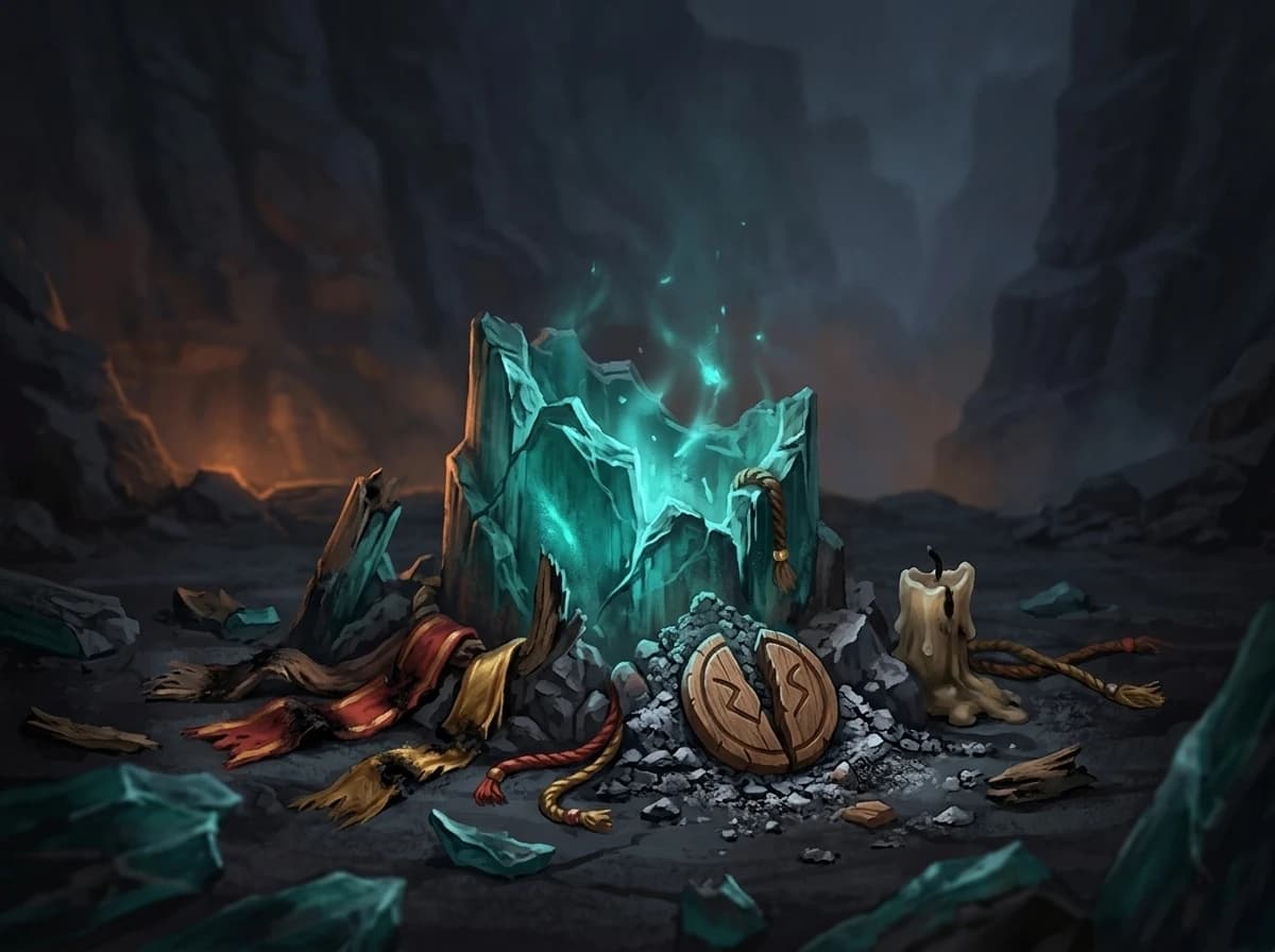 The shattered base. Cords burned. A carved token in the rubble.