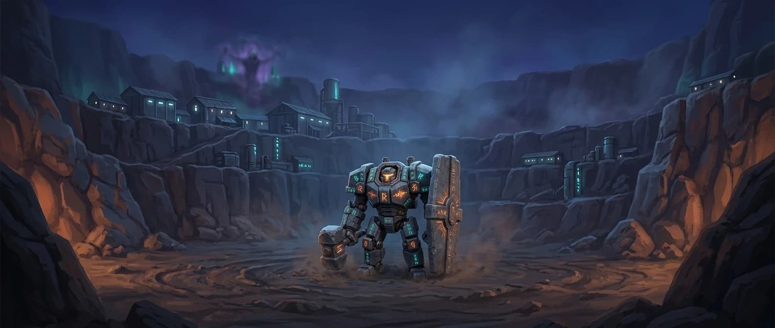Monolyth on one knee in an empty churned lane, the barracks small and dark behind him.
