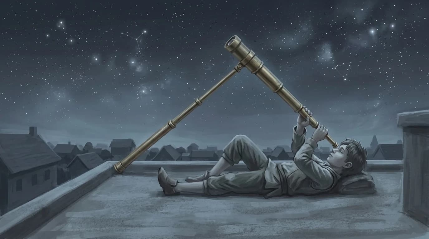 A memory. A boy on a roof at night with a long glass, not moving.