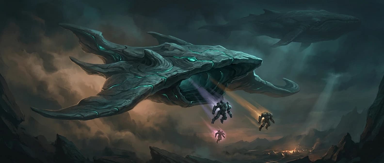 Far above the pit, a dropship carved like a manta banks over with its belly open, and three shapes fall out of it.